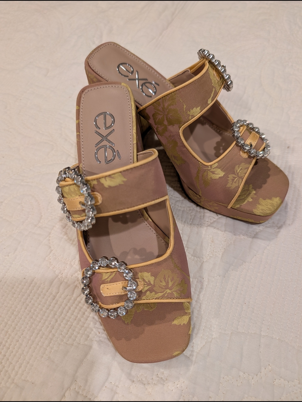 Exe Luna Block Heel Sandal; in Champagne and Yellow Floral